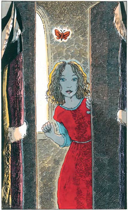 pullman-lyra-daimon Philip Pullman, der har skrevet trilogien 'His Dark Materials', har også tegnet en række illustrationer til sit værk - her er det hovedpersonen Lyra Belacqua og hendes daimon, der har forvandlet sig til en sommerfugl