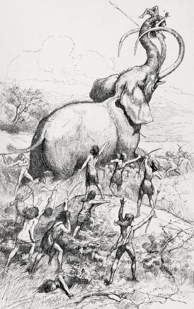anciful restoration of a Columbian mammoth hunted by Palaeoamerican (af John Steeple Davis1885)