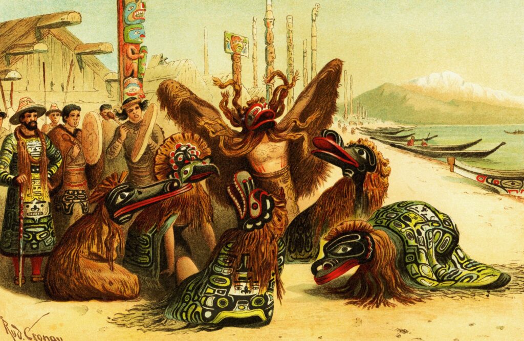 Nuxálk-ceremoni med masker af totemdyr (Wilhelm Sievers, 1897; public domain)