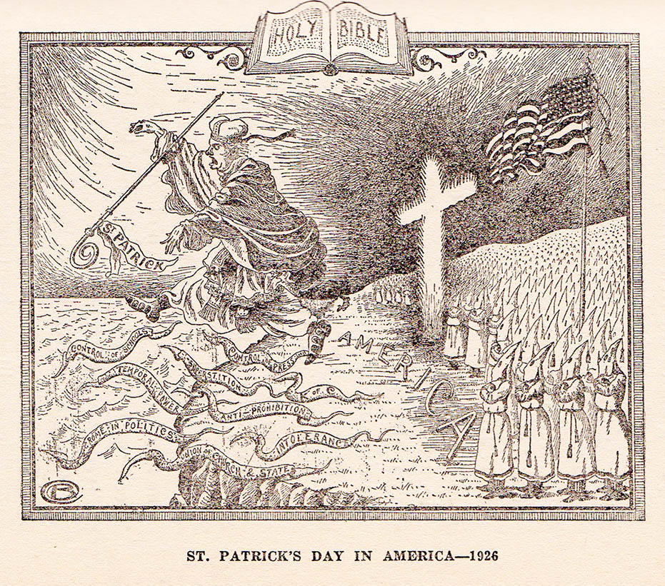 The Ku Klux Klan chases the Roman Catholic Church, personified by St. Patrick, from the shores of America. Among the "snakes" are various negative attributes of the Church, including superstition, union of church and state, control of public schools, and intolerance Illustration fra Alma Whites 'Klansmen: Guardians of Liberty' (1926). Illustrator: Branford Clarke