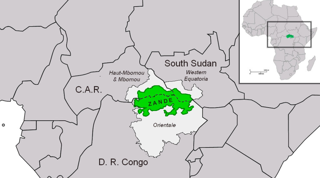 Zandeland er spredt ud over flere eksisterende nationer i Centralafrika (kort: Winkpolve / Wikimedia Commons)