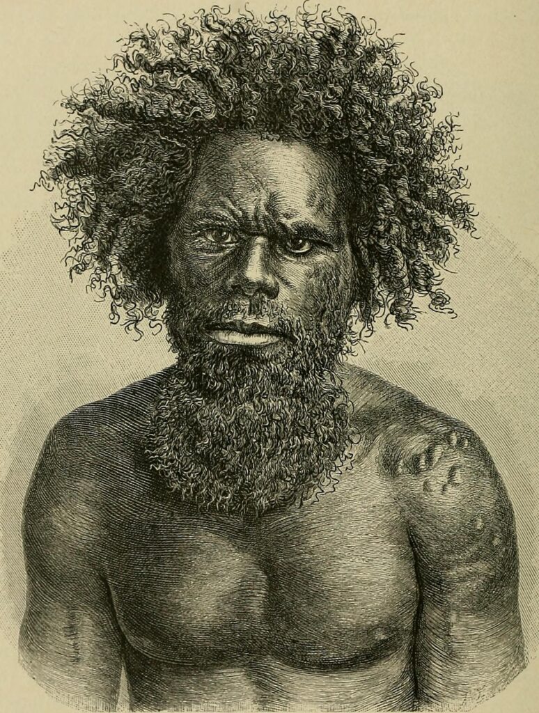 Illustration af indfødt i Australien fra 'The History of Mankind', 1896 (ukendt kunstner, 1896). Ifølge Durkheim, Freud og flere andre tilhørte de indfødte i Australien de laveste af alle racer