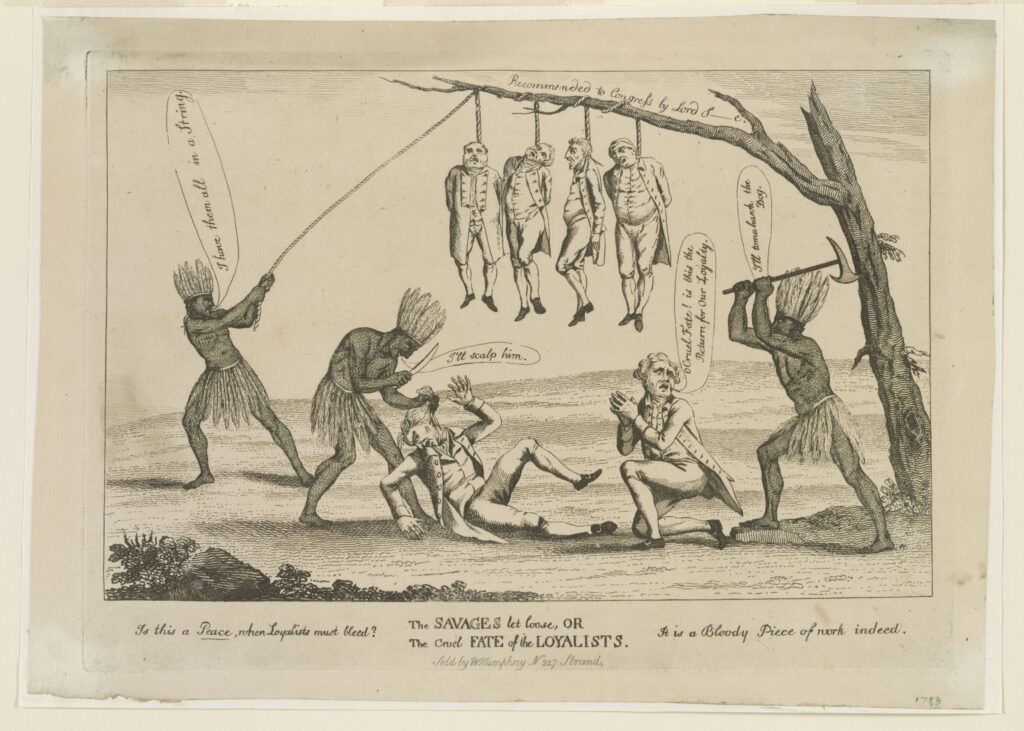 Propaganda-fremstilling af indfødte indianeres grusomhed, ca. 1783 (Wikimedia Commons)
