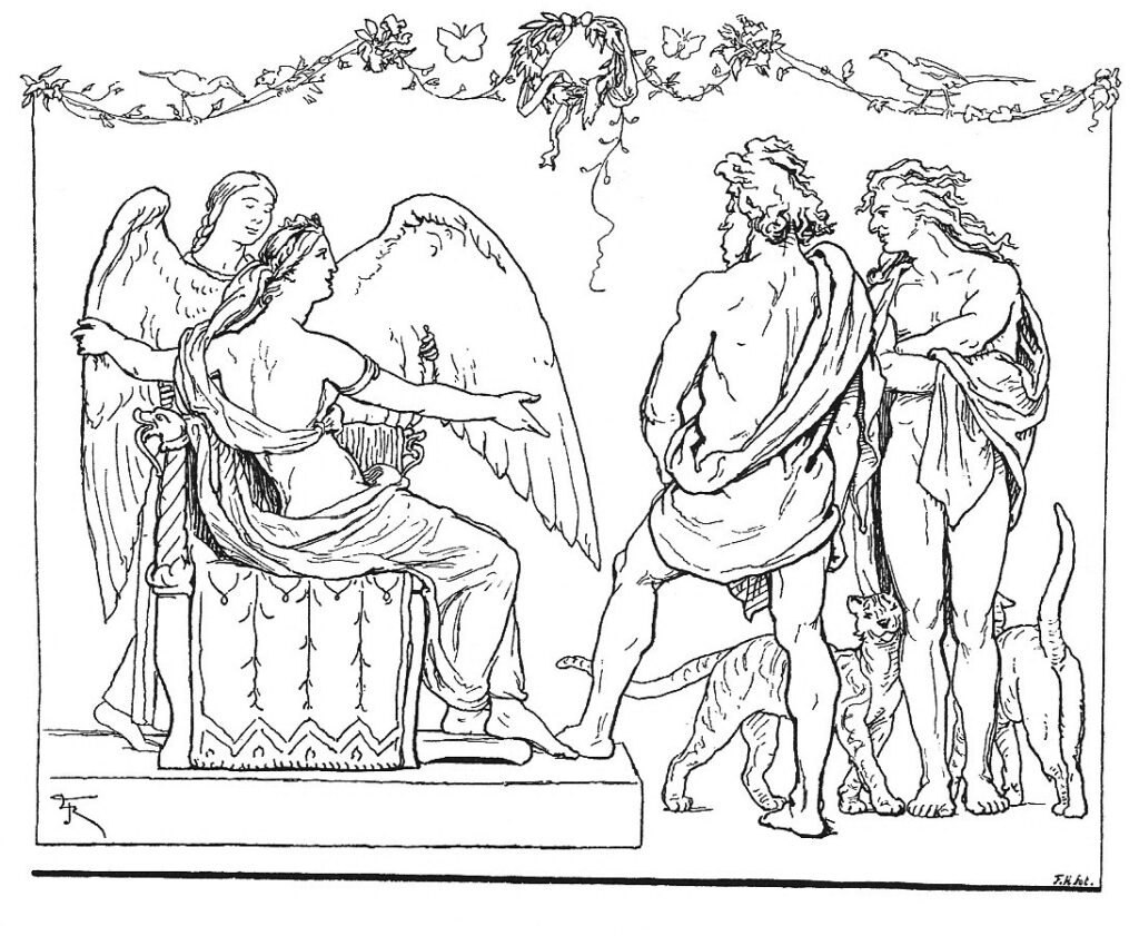 Freja præsenterer Thor og Loke for en fugleham (Lorenz Frølich, 1895)