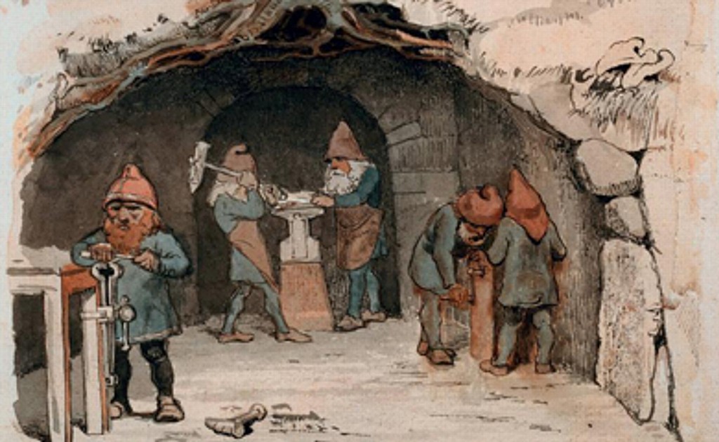 Bjergfolk udfører smedearbejde i underverdenen (J.T. Lundbye, 1845)