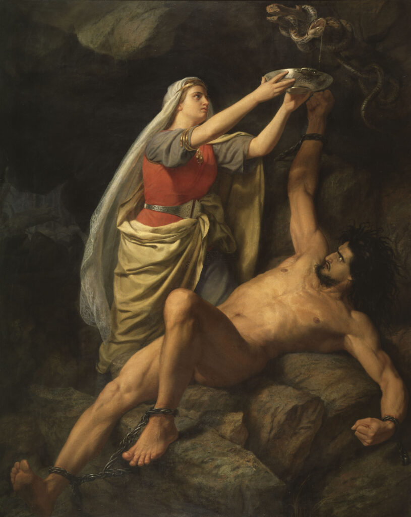Mårten Winge: Loke og Sigyn (1863). I lighed med Prometheus, der straffes af Zeus ved at blive lænket til et bjerg og tortureres ved, at en ørn æder af hans lever, straffes Loke ved at lænke ham til en klippe og lade slangegift dryppe i hans ansigt. Hvor det i græsk mytologi er Herakles, der befrier Prometheus, er det i nordisk mytologi Sigyn, der lindrer Lokes trængsler ved at opsamle giften i et kar (så han kun rammes, når hun skal tømme karret)