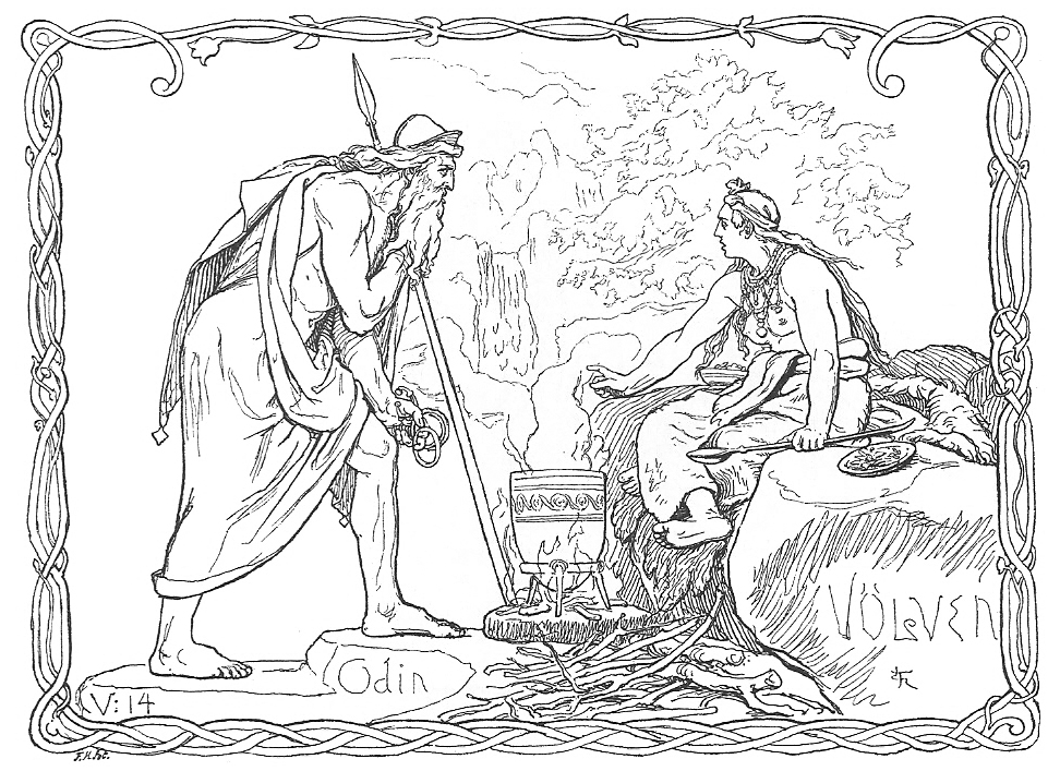 Odin lytter til vølven, der essentielt er, hvad vi tværkulturel sammenhæng ville kalde en shaman (Lorenz Frølich, 1895)