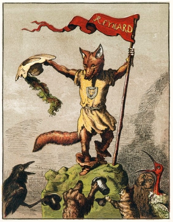 Ræven Reynard, en trickster-figur fra en række europæiske middelalder-fabler - de animistiske rødder er åbenlyse (illustration: Ernest Henri Griset, 1869)