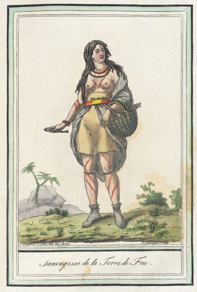 "Sauvagesse de la Terre de Feu," lyder billedteksten: Vildkvinde fra Ildlandet (Jacques Grasset de Saint Sauveur, ca. 1797)