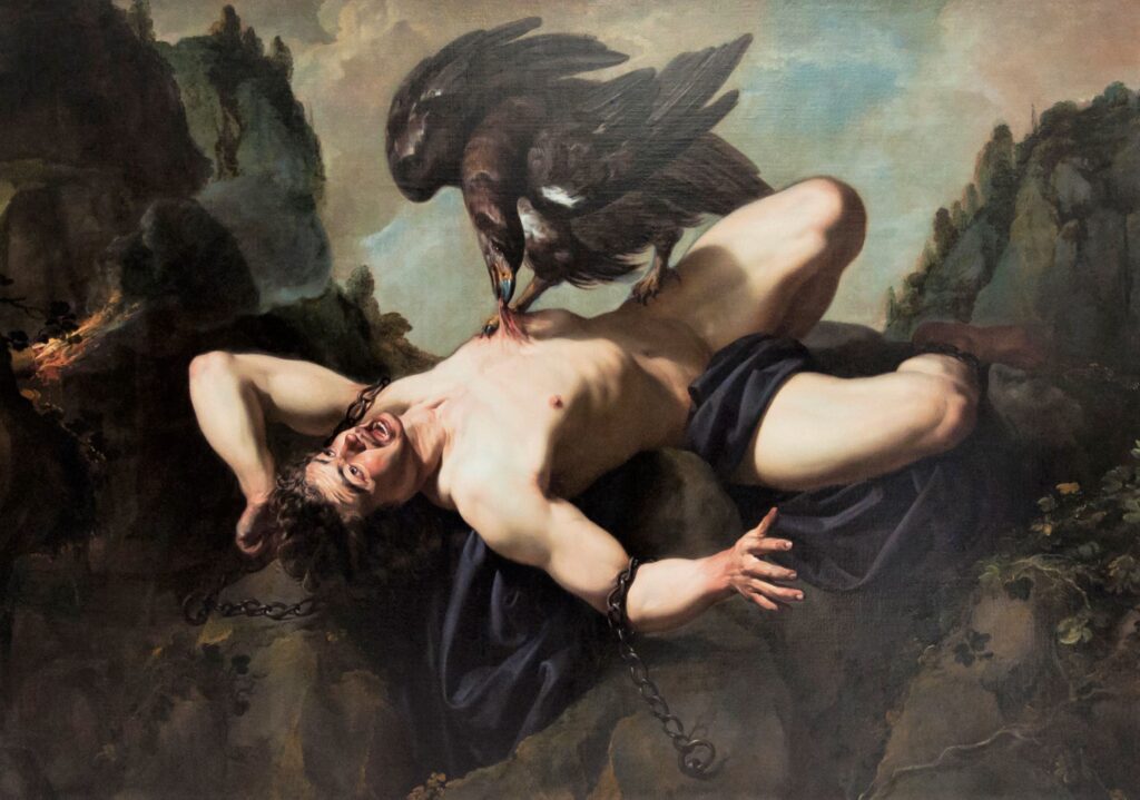 Theodoor Rombouts (1600-tallet): Zeus straffer Prometheus for at have hjulpet menneskene ved at lænke ham til et bjerg og hver dag lade en ørn æde af hans lever