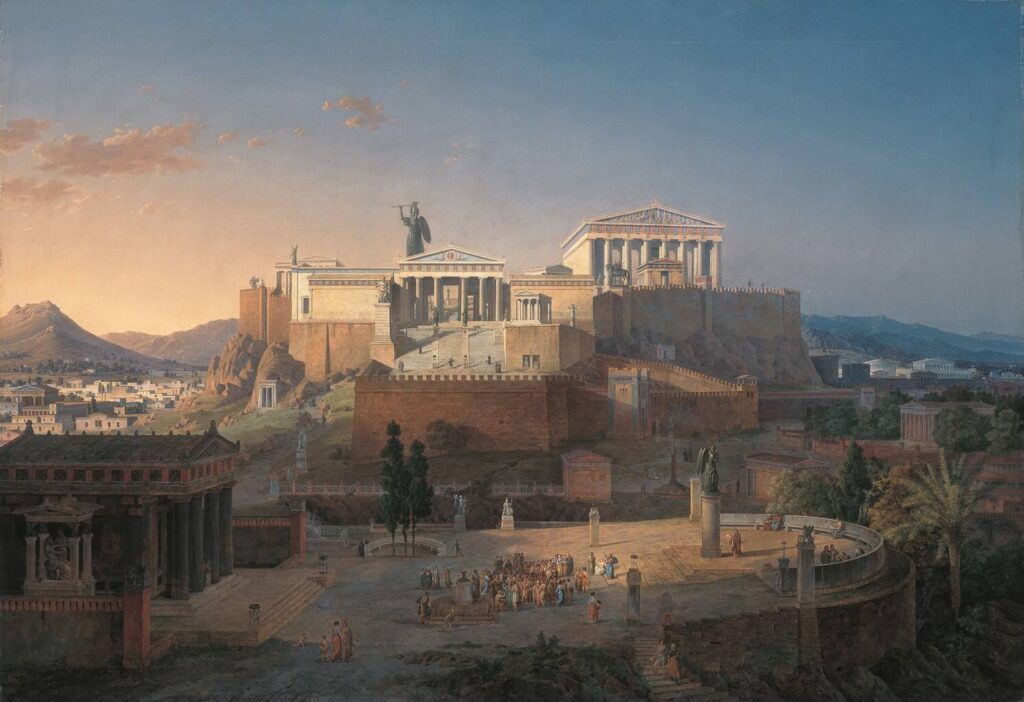 Billedkunstners forestilling af Akropolis i sine højmagtsdage, bl.a. med Parthenon-templet, der er viet gudinden Athene. Et tempel er grundeksempel på, hvad der er 'helligt', og 'profant' betyder simpelthen det, der er 'foran' eller 'uden for det hellige' (Leo von Klenze,1846)