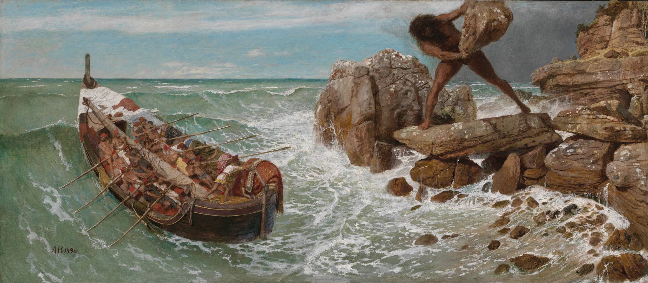 Kyklopen Polyfemos er blevet blindet af den snedige Odysseus og prøver forgæves at ramme hans og hans mandskab (Arnold Böcklin, 1896)