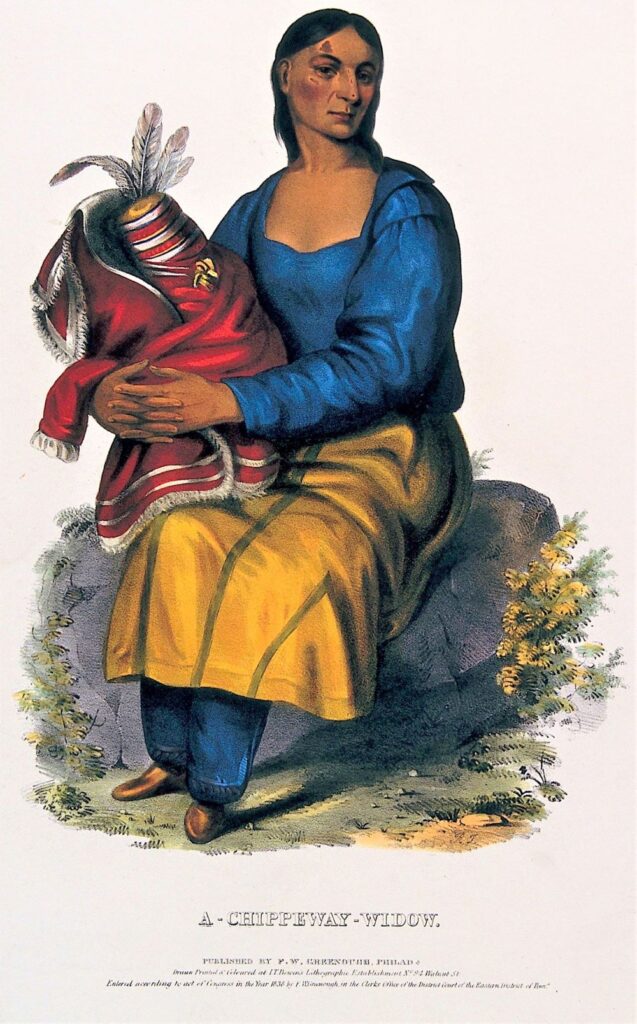 Ojibwa-kvinde med barn, litografi 1836 (Wellcome Images)