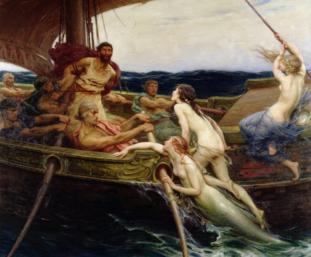 Odysseus og sirenerne. Her er 'sirenerne' fremstillet som havfruer - måske har kunstneren ikke læst 'Odysseen' (Herbert James Draper, 1909)