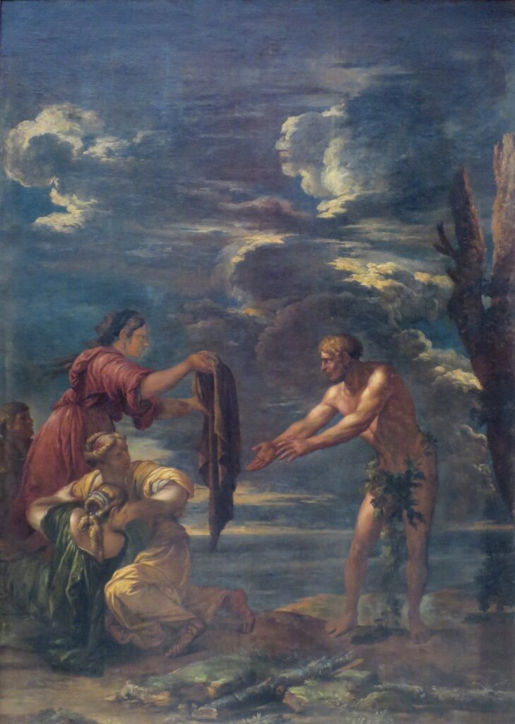 En skibbruden Odysseus møder prinsesse Nausikaa (Salvator Rosa,1600-tallet). Horkheimer & Adorno reducerer Odysseus til en "homo oeconimucus" og "ejendomsbesidder" i en temmelig ideologiseret analyse af en fortælling med 3 årtusinder bag sig