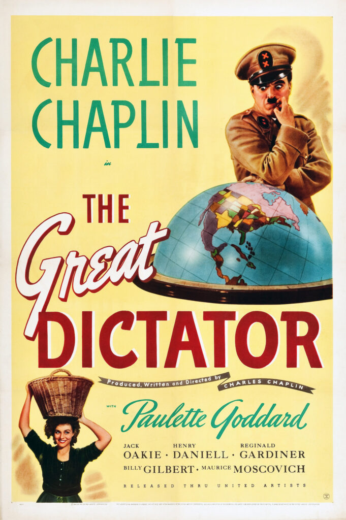 Filmplakat for Charlie Chaplin's 'The Great Dictator' (1940). Horkheimer & Adorno kritiserer den afsluttende frihedstale "desavoueres" af billeder af kornmarker