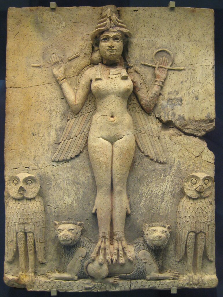 Formentlig den mesopotamiske gudinde Ishtar eller Inanna, også kendt som "Queen of the Night" fra Burney-relieffet