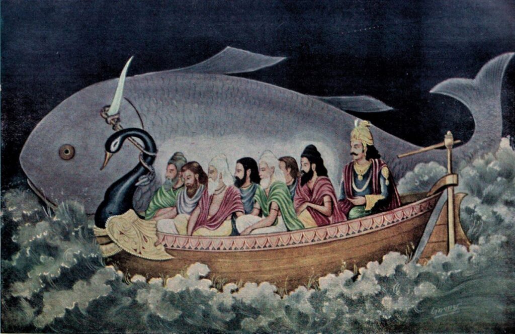 Manu er den indiske 'Noah', der bliver reddet fra 'syndfloden' af en fisk, der viser sig at være en inkarnation af guden Vishnu