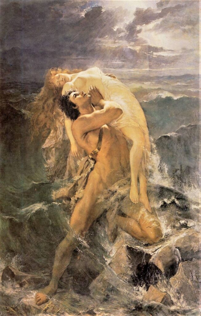 Deukalion redder sin hustru Pyrrha fra vandfloden (Paul Merwart, slutningen af 1800-tallet). I den græsk-romerske myte om vandfloden er Deukalion 'Noah'