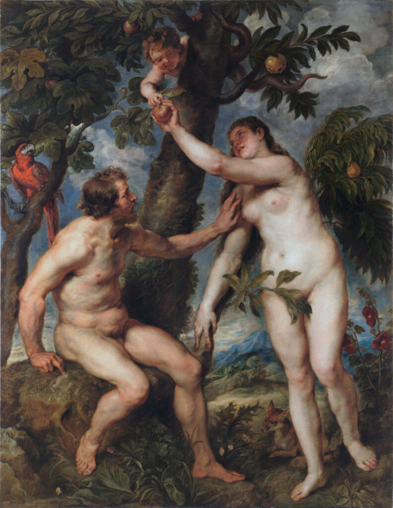 Slanen, der frister Eva til at spise Kundskabens forbudne frugt, er her fremstillet som en 'person', hvilket svarer til den bibelske fortælling (Peter Paul Rubens, 1628-29)