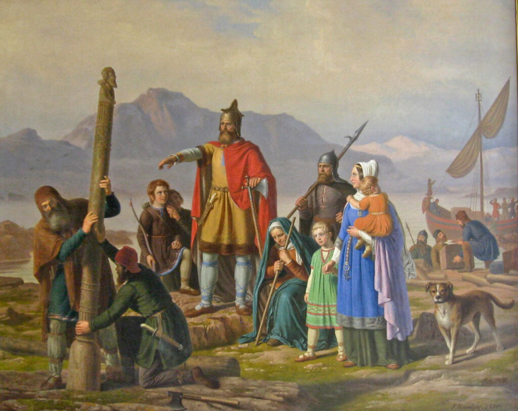En af de første bosættere på Island, Ingólfr Arnarson (Johan Peter Raadsig, 1850). En anden tidlig bosætter er Ravne-FLoki, der når frem til øen takket være tre ravne