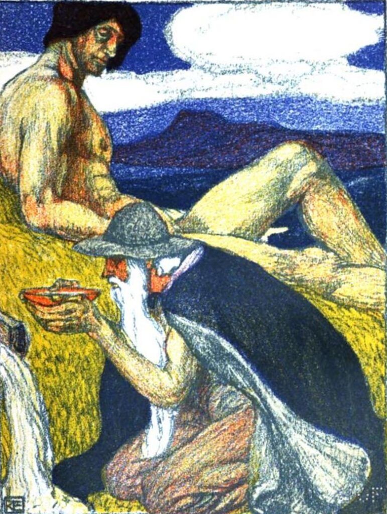 Odin drikker af Mimirs kilde efter at have ofret sit ene øje for visdom (Robert Engels, 1903)
