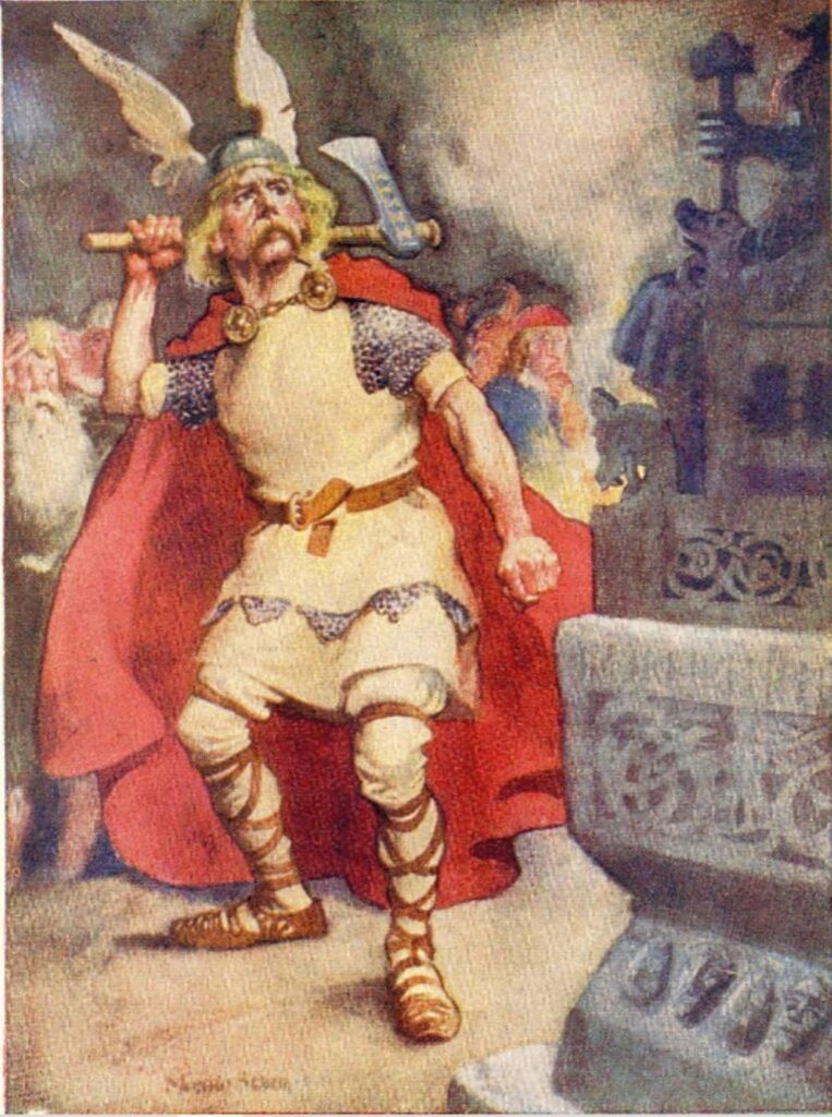 Ikke Asterix, men den norske konge Olav Tryggvason, der regerede 995-1000 og tvangskristnede nordmænd med blodig ildhu - her er det et hedensk gudebillede, der skal ødelægges (Monro S. Orr, 1908)