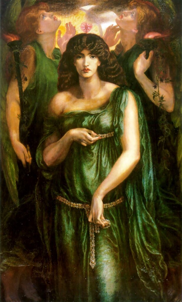 Gudinden Astarte blev ifølge Bibelen dyrket af Kong Salomo, der lod sig lede til fremmede guder af sine mange hustruer (Dante Gabriel Rossetti, 1877)