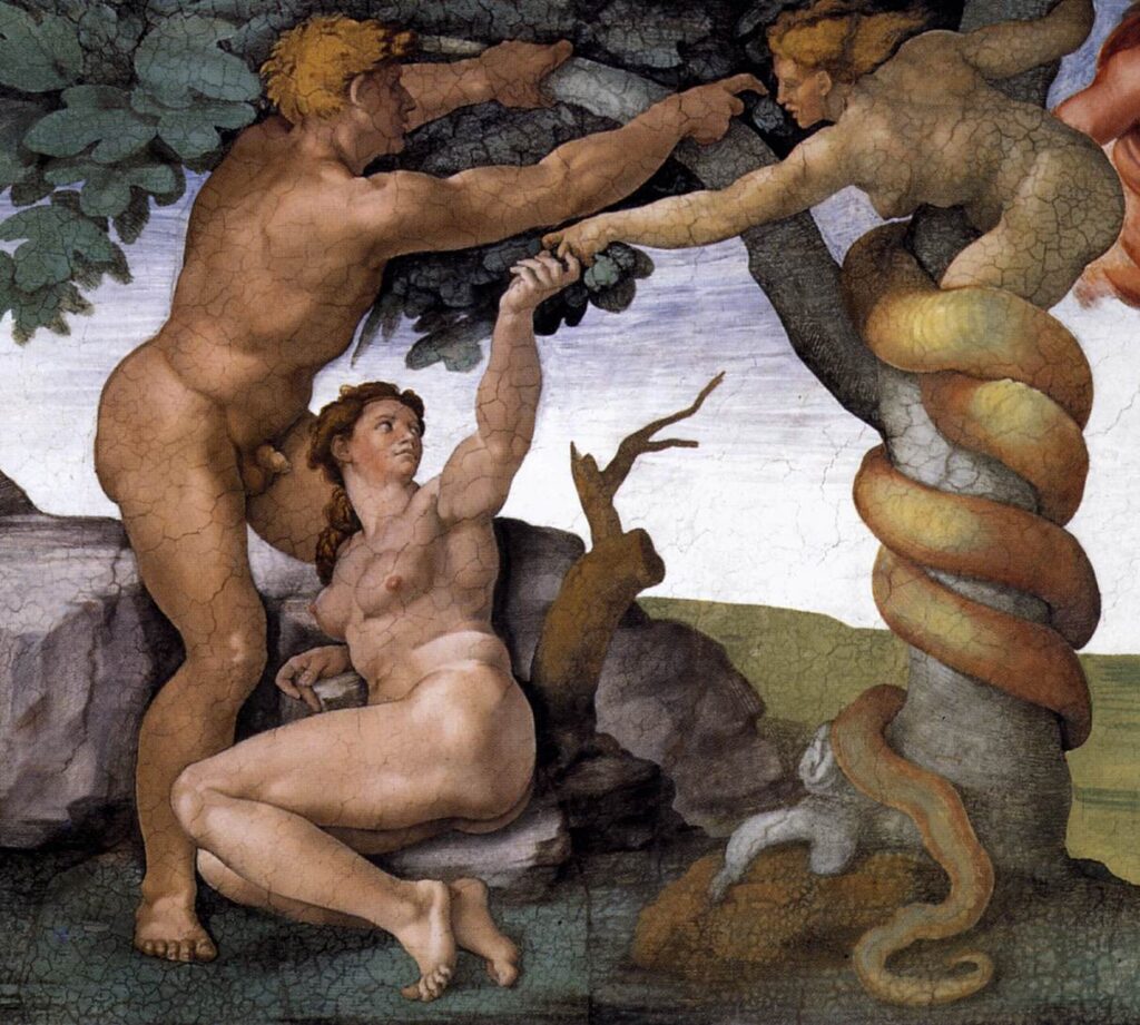 Måske det mest berømte kunstneriske eksempel på fremstillingen af Slangen som en 'person' (Michelangelo, 1509-10)