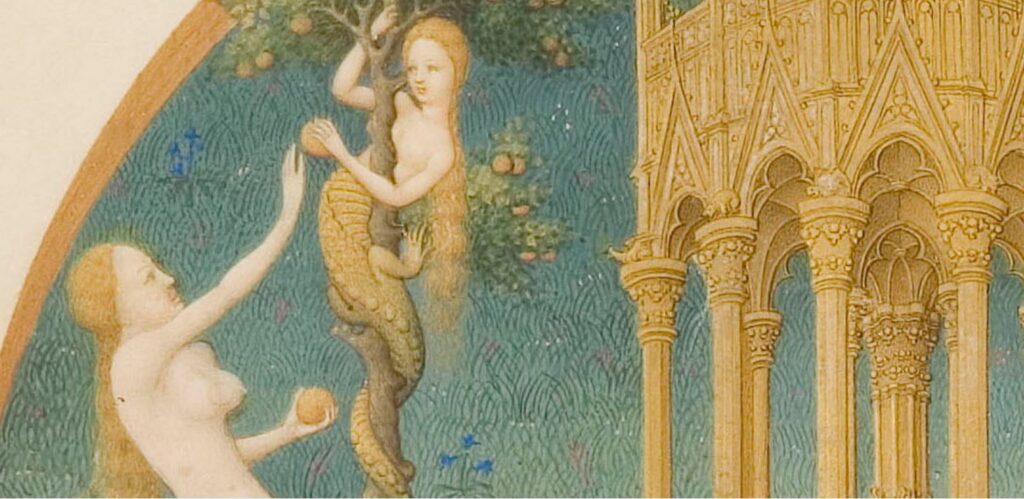 Udsnit af maleriet Edens Have (Limbourg brødrene, 1411-16). Slangen som person er et animistisk træk, her i skikkelse af krybdyr og ung pige