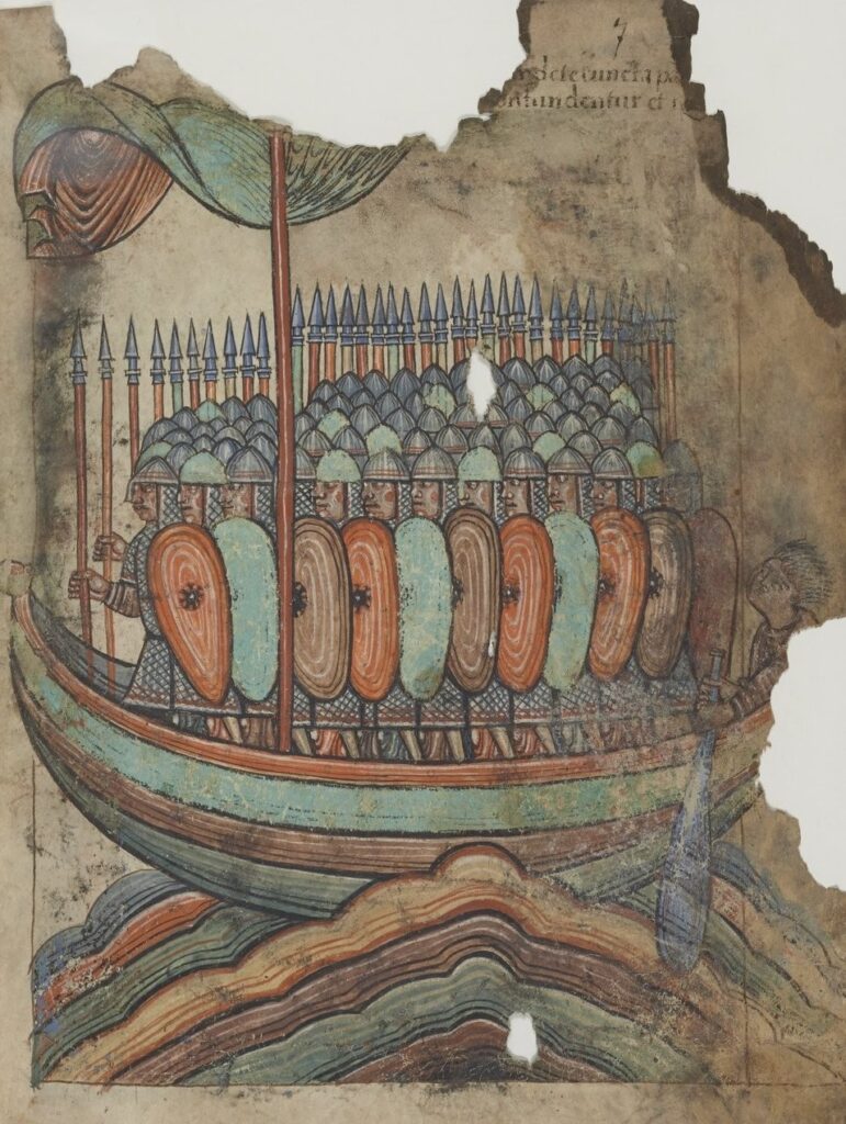 1100-tals illustration af vikingehær, der sejler på vikingeskibe under angreb på den franske by Guerande i 919