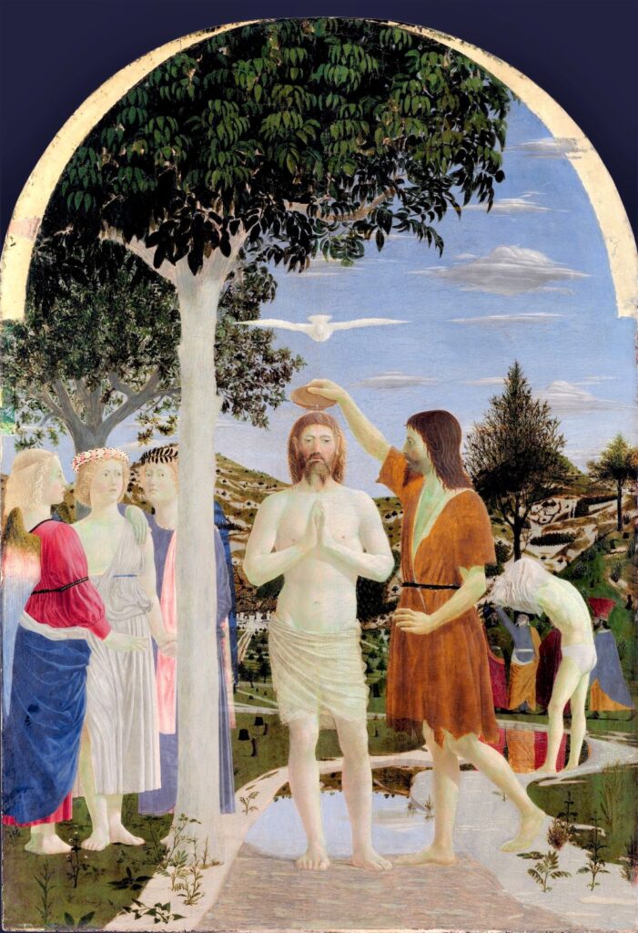 Helligånden daler ned over Jesus som en hvid due under dåben i kontrast til den sort ravn, som i udlægninger af bibeltekster bliver et modsatrettet symbol (Pierro della Francesca, 1450'erne)