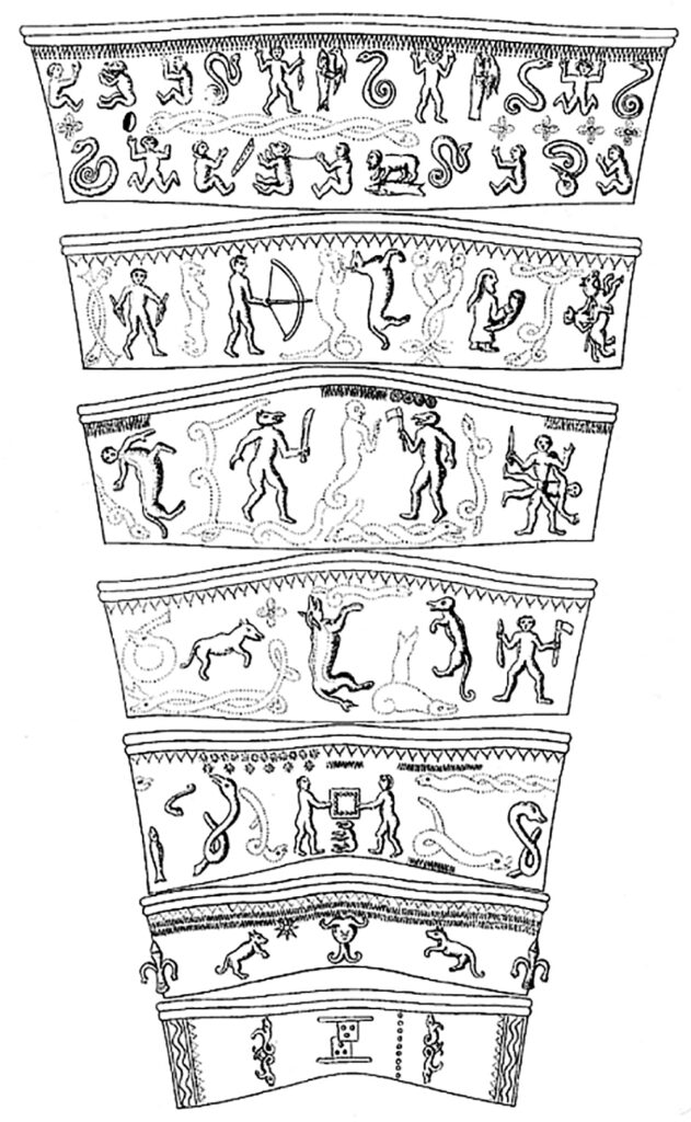Aftegning af figurer på det største af guldhornene. Bemærk 'dyre-menneskene' på det tredjeøverste panel (J.R. Paulli, 1734)