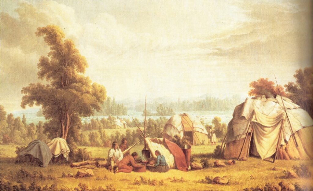 Ojibwa bosættelse, muligvis omkr. 1846 (Paul Kane)