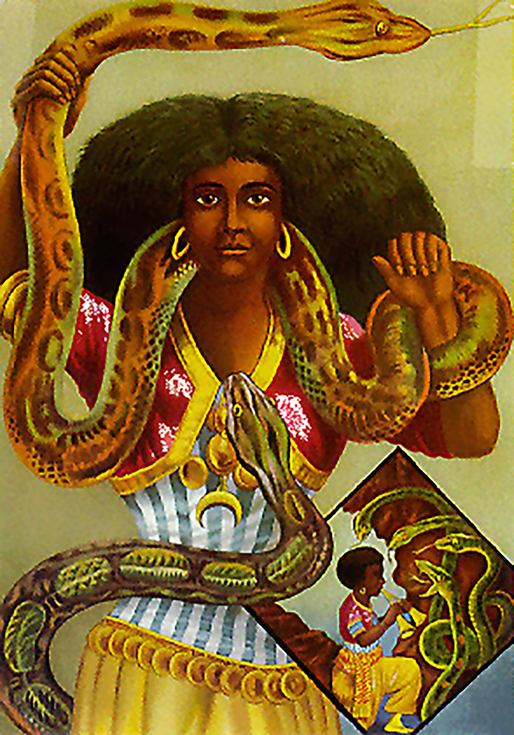 Ikke Slange-Kvinden fra det peruvianske sharanahua-folks mytologi, der er omtalt i nærværende essay, men en anden gudinde med slange-tilknytning, som også kan illustrere de tætte relationer dyr og mennesker imellem i animistiske traditioner: Mami Wata (Moder Vand) er en (som regel) kvindelig afrikansk ånd, der også dyrkes i den såkaldte afrikanske diaspora på de amerikanske kontinenter (plakat fra 1880'erne af ukendt kunstner; public domain)