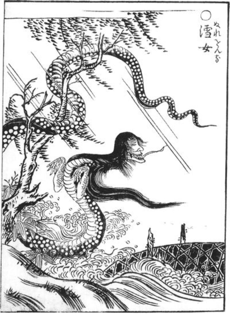 I mangel af billeder af Slange-Kvinden fra det peruvianske sharanahua-folks mytologi, må vi nøjes med andre slangekvinder til at stimulere forestillingsevnen. Her er det Nure-onna, en åndelig slangekvinde fra japansk folklore (Toriyama Sekien, 1776; public domain)