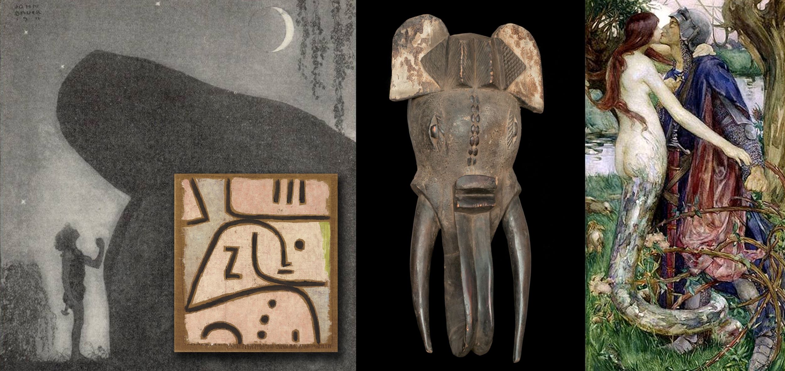 Collage: 'Vølven Groa' af John Bauer, 1911 (pb); 'WI (In Memoriam)' af Paul Klee, 1938 (pb); afrikansk maske fotograferet af Roman Bonnefoy (CC BY 4.0); 'The Knight and the Mermaid' af Isobel Lilian Gloag, 1890 (pb)
