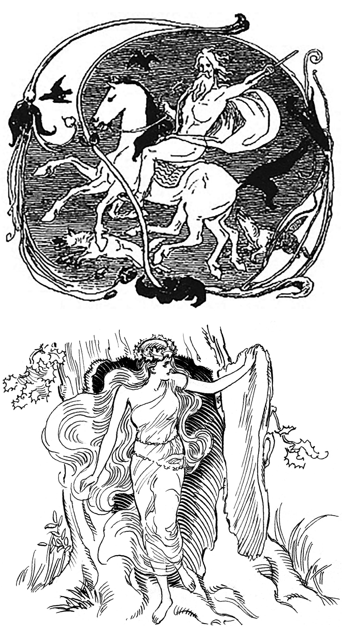 Øverst: Odin med den ottebenede hest, Sleipner, de to ravne Hugin og Munin, og de to ulve, Gere og Freke. Nederst: Dryade (Pearson_Scott_Foresman)