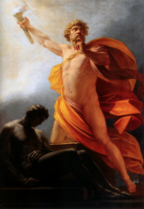 Heinrich Füger: Prometheus bringer ilden til menneskene (1817). Guden Prometheus er en trickster i græsk mytologi, en kulturhero, der udfordrer verdensordenen og her begunstiger mennesket efter at have franarret ilden fra Zeus