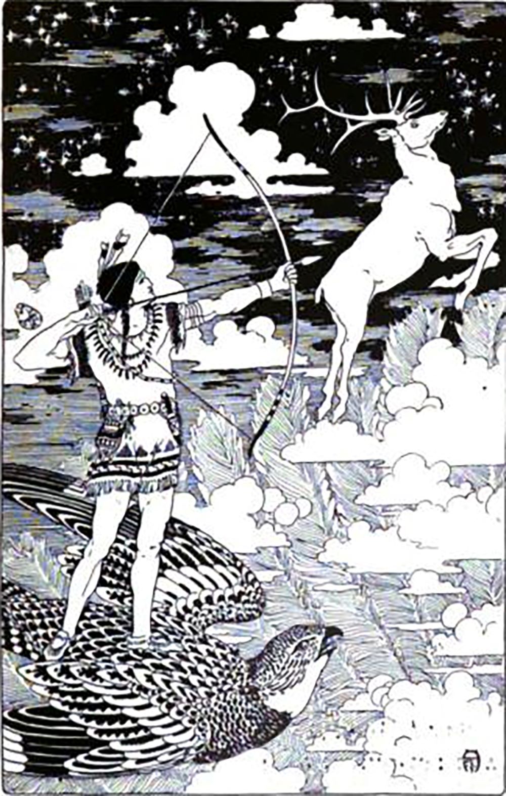 Sosondowah på jagt efter Himmel Elgen; irokesisk mytologi (Frederick Richardson, 1917; public domain)