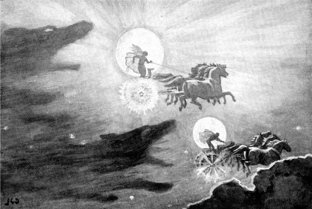 Sól og Máni, der her forfølges af ulve, har hver sin 'megin'-kraft, henholdsvis sol-megin og måne-megin - beslægtet med 'mana' (John Charles Dollman: 'Ulvene forfølger og Mani', 1909)