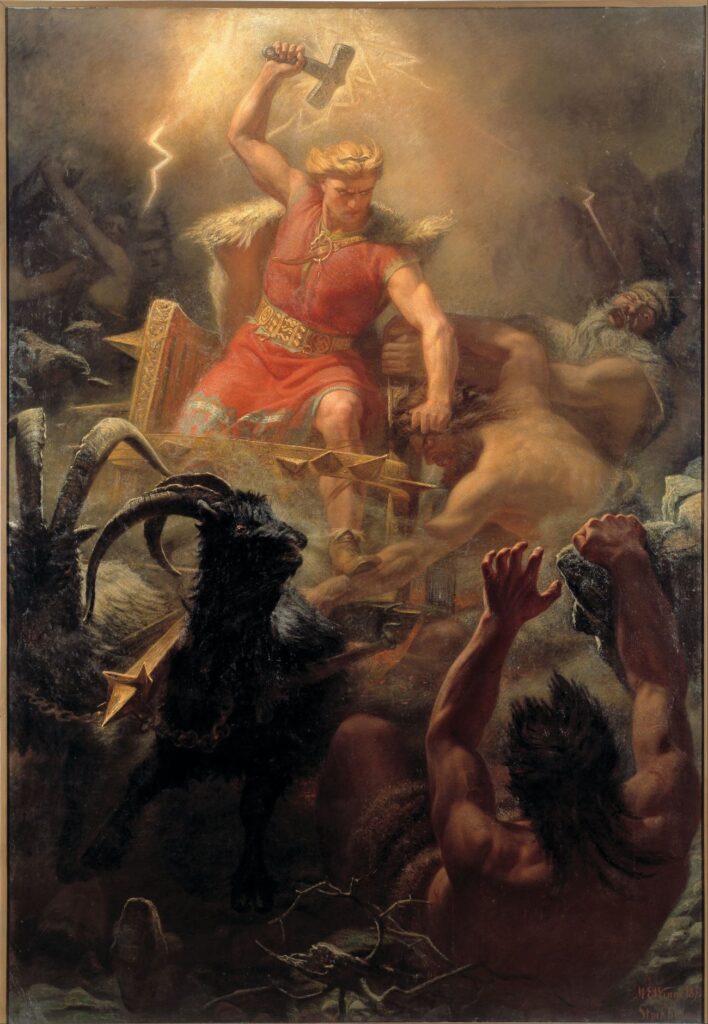 Thor med sin berømte hammer, Mjølner, og sit kraftbælte, Megingjord (megingjǫrð), altså megin-bæltet, der forøger hans styrke, hver gang det spændes. Begrebet 'megin' er beslægtet med 'mana' (Mårten Eskil Winge: 'Thors kamp mod jætter, 1872)