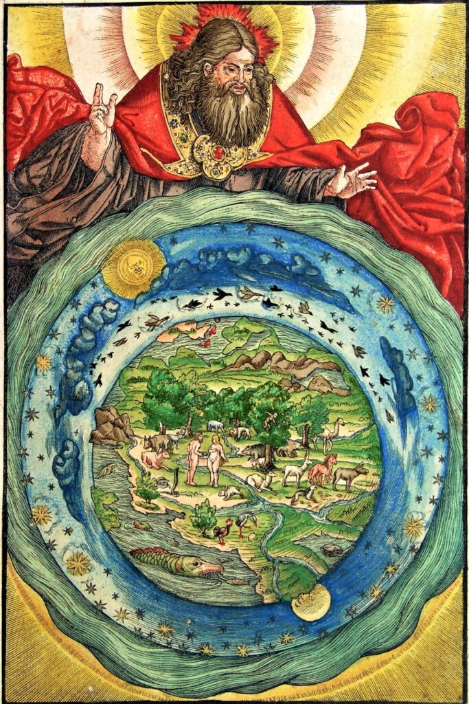 I monoteistisk kosmologi er Gud og verden principielt og fundamentalt adskilte sfærer. "Skabelsen" af Lucas Cranach i en farvelagt version fra Martin Luthers bibeloversættelse, 1534 (public domain)
