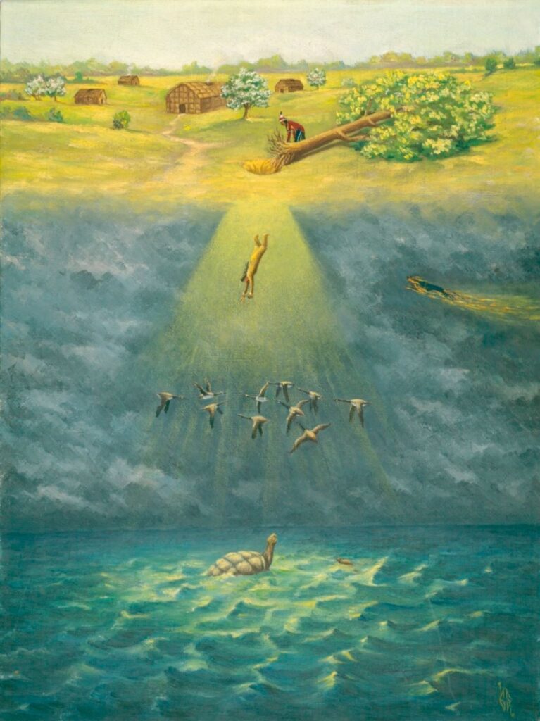 "Fall of the Sky Woman to Turtle Island" af Ernest Smith, 1936 (public domain) - et motiv fra irokesernes mytologi. Begrebet 'tro' giver ikke lige god mening inden for alle de traditioner, vi karakteriserer som religiøse, åndelige eller spirituelle. Der er f.eks. forskel på at 'tro' på Gud eller på effekten af et offer og så at opleve visioner i trance